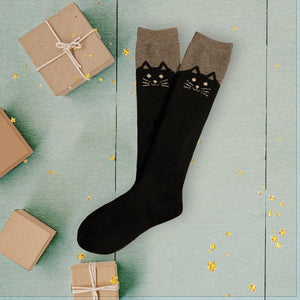Happy Black Cat Knee High Wool Socks - Extra Thick and Warm - UPKIWI