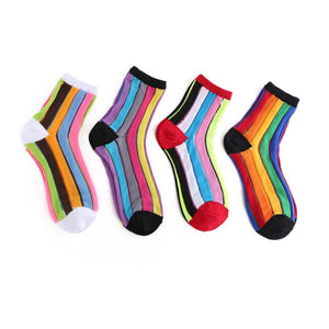 Rainbow Stripe Women's Sheer Socks - Women's Shoe Size 5-9 / Multi Color Rainbow- 4 Pairs Pack - UPKIWI