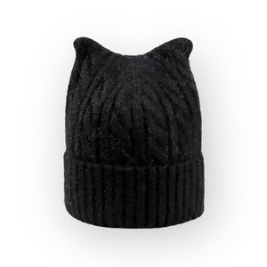 Cat Ear Wool Blend Cable Knit Beanie - White - UPKIWI