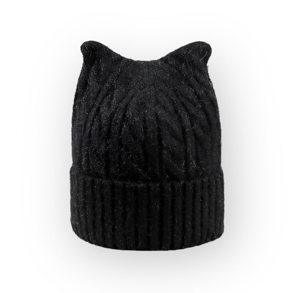Cat Ear Wool Blend Cable Knit Beanie - Black - UPKIWI