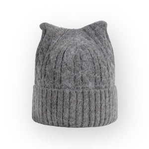 Cat Ear Wool Blend Cable Knit Beanie - Gray - UPKIWI