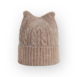 Cat Ear Wool Blend Cable Knit Beanie - Brown - UPKIWI