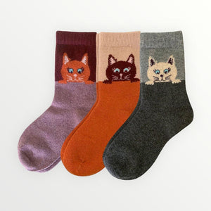 Peekaboo Cat Wool Blend Socks - 3 Pairs Pack / Women's Shoe Size 5-10 - UPKIWI
