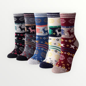 Christmas Reindeer Colorful Wool Socks - 5 Pairs Pack / Women's Shoe Size 5-10 - UPKIWI