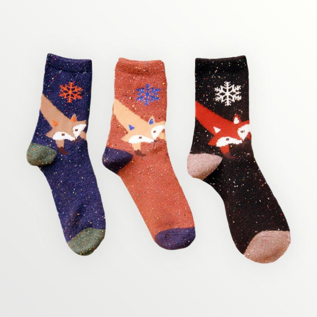 Snowflake Fox Lightweight Wool Blend Socks - 3 Pairs Pack / Women's Shoe Size 5-10 - UPKIWI