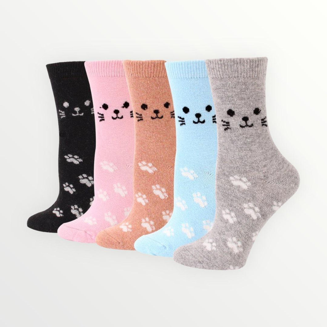 Cat Footprint Wool Blend Socks - 5 Pairs Pack / Women's Shoe Size 5-10 - UPKIWI