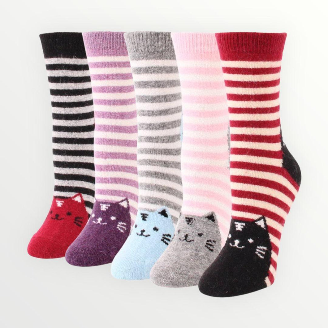 Striped Cat Wool Blend Socks - 5 Pairs Pack / Women's Shoe Size 5-10 - UPKIWI