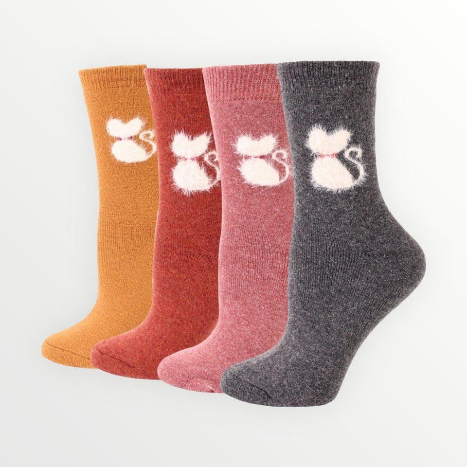 Furry Cat Extra Thick and Warm Women's Wool Socks - 4 Pairs - 4 Colors / Women's Shoe Size 6-12 - UPKIWI