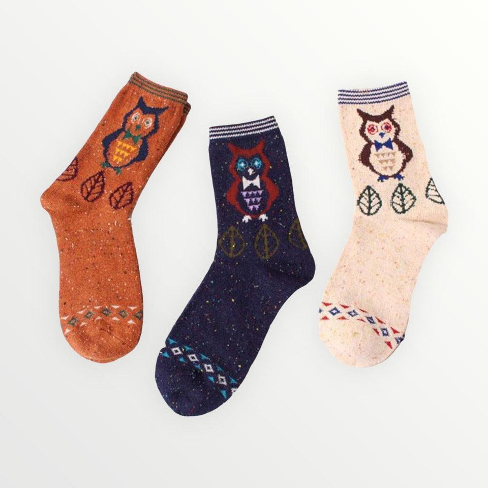 Forest Owl Lightweight Wool Blend Socks - 3 Pairs Pack / Women's Shoe Size 5-10 - UPKIWI