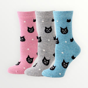 Snowy Cat Wool Blend Socks - 3 Pairs Pack / Women's Shoe Size 5-10 - UPKIWI
