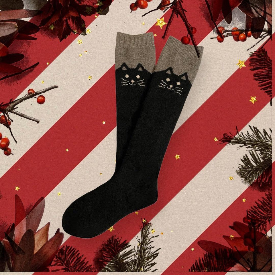 Happy Black Cat Knee High Wool Socks - Extra Thick and Warm - UPKIWI