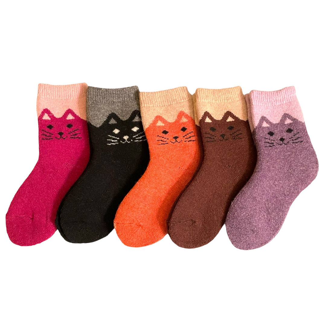 Happy Cat Feet Girls Wool Socks - Extra Thick and Warm Winter Kids Socks - 5 Pairs Pack / 3-7 Years Old (16-18 cm) - UPKIWI