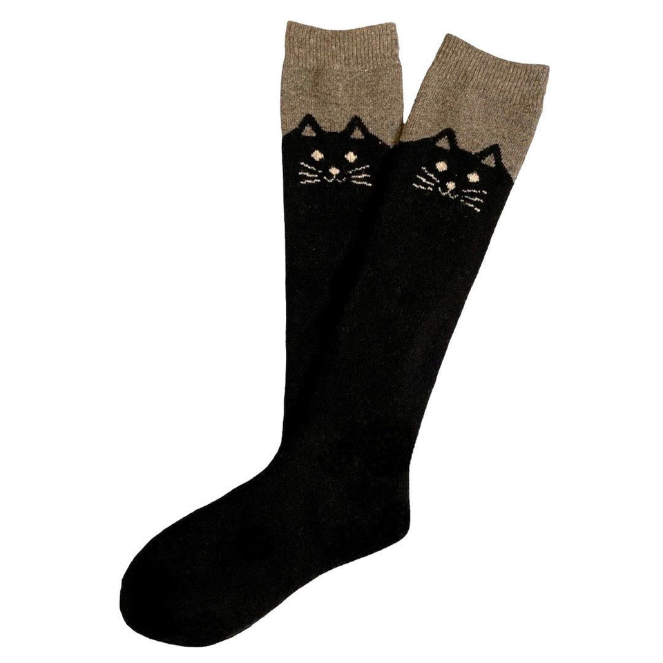 Happy Black Cat Knee High Wool Socks - Extra Thick and Warm - Black-1 Pair / Women's Shoe Size 6-12 - UPKIWI