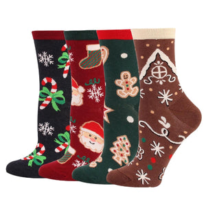 Santa and Gingerbread Man Women's Christmas Cotton Socks - 4 Pairs Pack / Women's Shoe Size 6-11 - UPKIWI