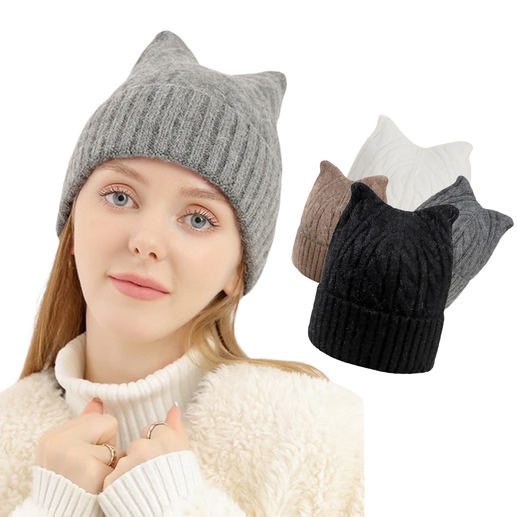 Cat Ear Wool Blend Cable Knit Beanie - UPKIWI
