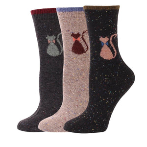 Bowtie Cat Wool Blend Socks - 3 Pairs Pack / Women's Shoe Size 5-10 - UPKIWI