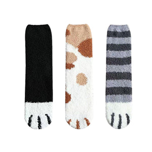 Fluffy Cat Paw Fuzzy Fleece Socks - Black+Light Spots+ Stripes 3 Pairs Set / Women's Shoe Size 5-10 - UPKIWI