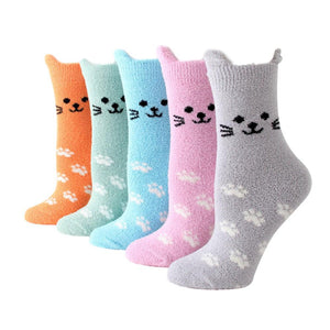 Fuzzy Cat Ear Coral Fleece Women's Cozy Winter Sleep Socks - 5 Pairs Pack (5 Colors) / Women's Shoe Size 5-12 - UPKIWI