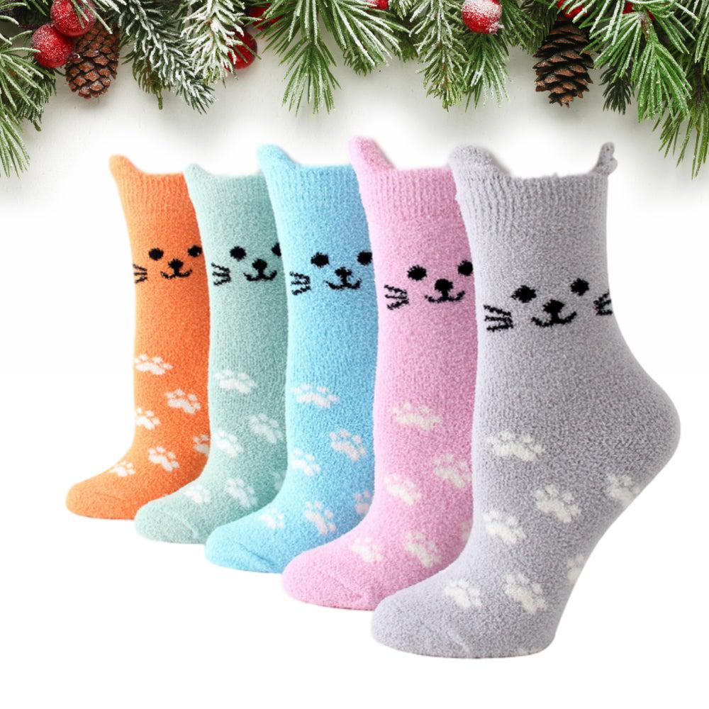 Fuzzy Cat Ear Coral Fleece Women's Cozy Winter Sleep Socks