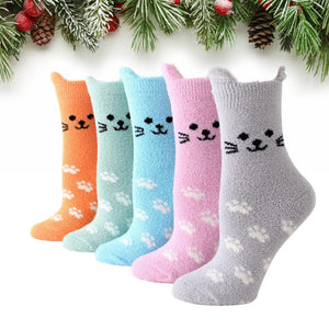 Fuzzy Cat Ear Coral Fleece Women's Cozy Winter Sleep Socks - UPKIWI