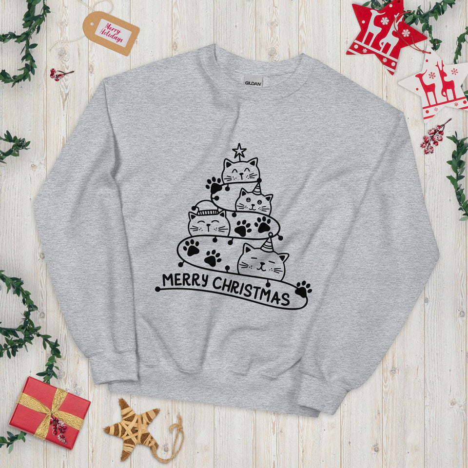Cute Christmas Cat Tree Unisex Sweatshirt - Sport Grey / S - UPKIWI