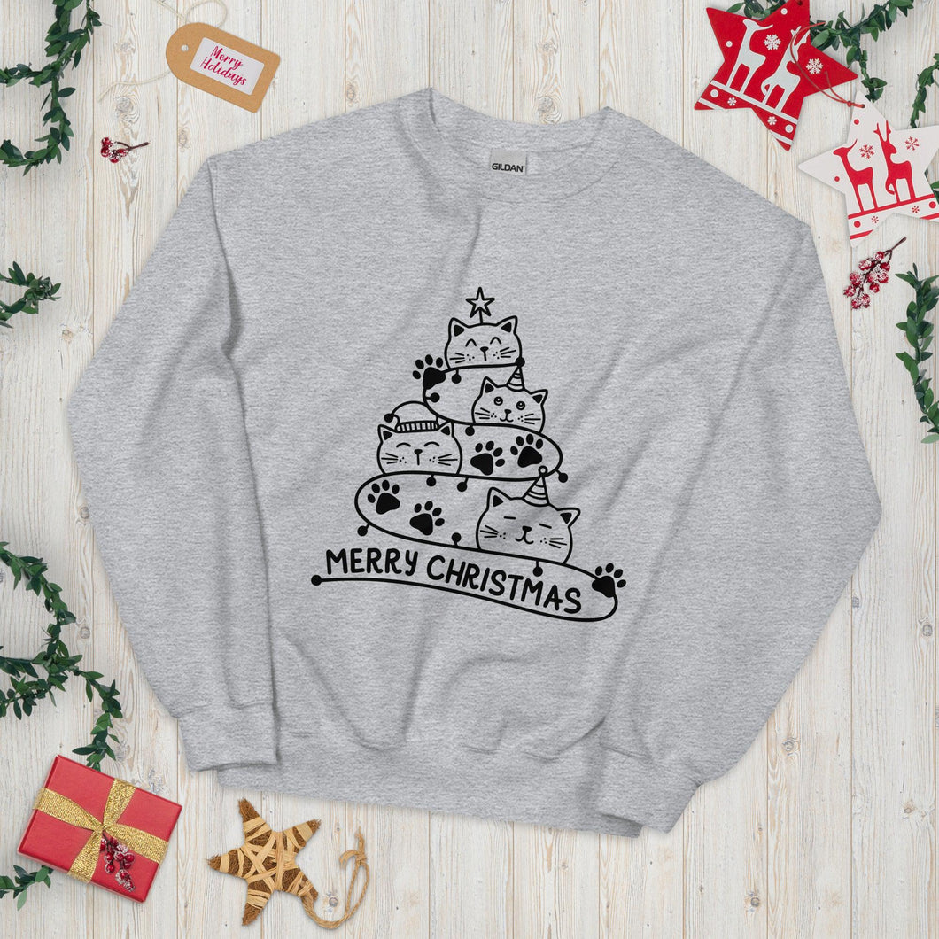 Cute Christmas Cat Tree Unisex Sweatshirt - Sport Grey / S - UPKIWI