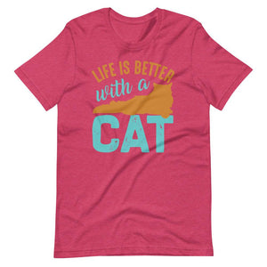 Life Is Better with a Cat Short-Sleeve Unisex T-Shirt - Heather Raspberry / S - UPKIWI
