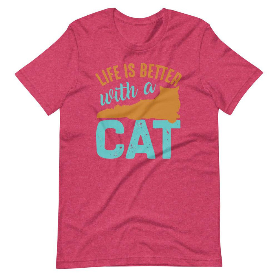 Life Is Better with a Cat Short-Sleeve Unisex T-Shirt - Heather Raspberry / S - UPKIWI