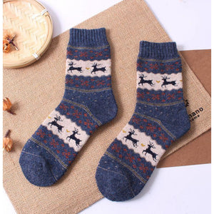 Vintage Reindeer Ultra Warm Wool Blend Socks - Blue / Women's Shoe Size 5-10 - UPKIWI