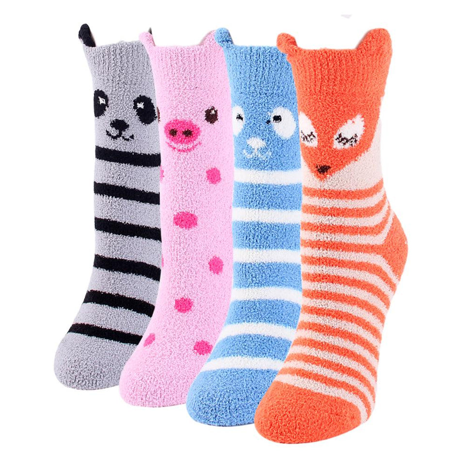 Fuzzy Animal Fox Ear Women's Soft Fleece Sleep Socks - 4 Pairs Pack / Women's Shoe Size 5-10 - UPKIWI
